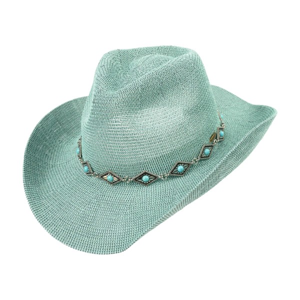 C.C CBC0148
Cowboy Hat With Silver Diamond & Turquoise Band 

- One Size Fits Most (Internal Drawstring Adjustable)
- 60% Paper/ 40% Polyester
- Brim Approximately 3" L