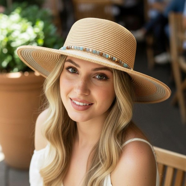 Straw Sun Hat Featuring Striped Tinsel Detail With Beaded & Chain Link Band 

- One Size
- 80% Paper / 20% Polyester