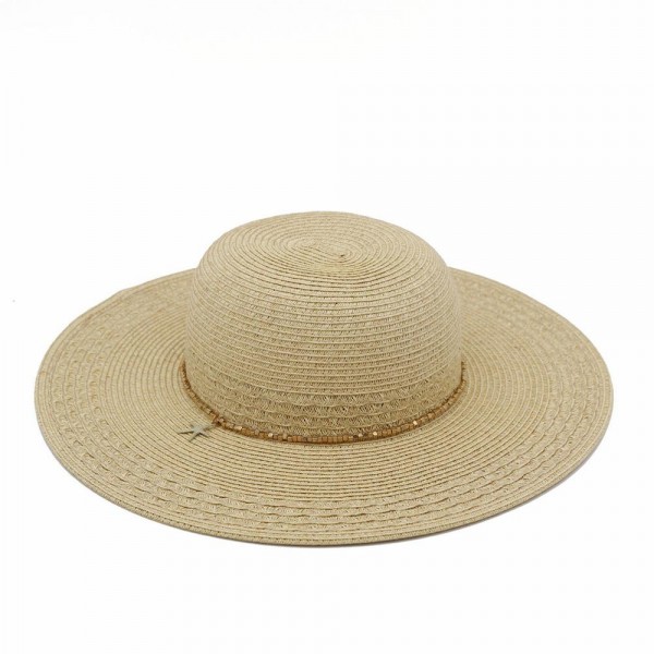 Wide Brim Straw Sun Hat With Metal Tone Beaded Band & Starfish Charm 

- One Size 
- 80% Paper /  20% Polyester 
