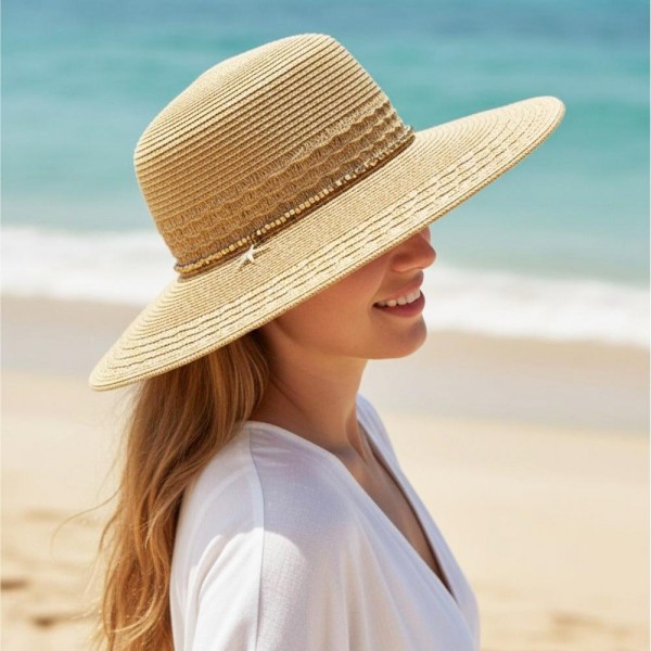 Wide Brim Straw Sun Hat With Metal Tone Beaded Band & Starfish Charm 

- One Size 
- 80% Paper /  20% Polyester 
