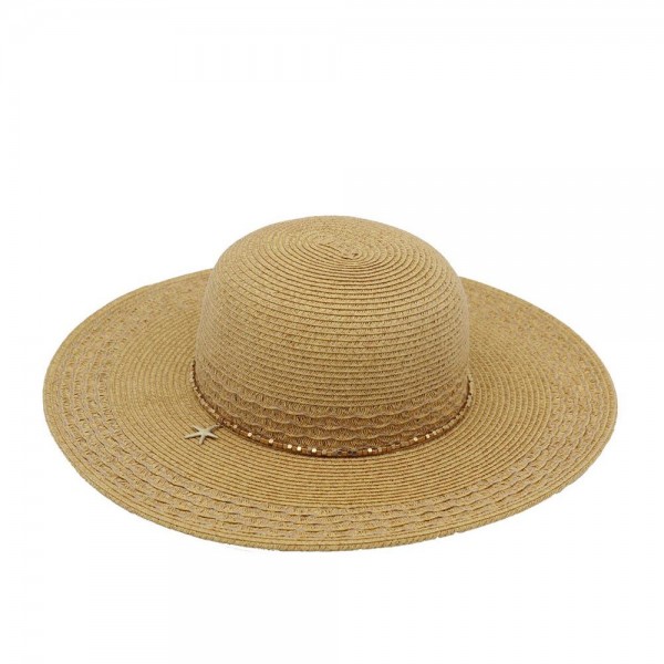 Wide Brim Straw Sun Hat With Metal Tone Beaded Band & Starfish Charm 

- One Size 
- 80% Paper /  20% Polyester 
