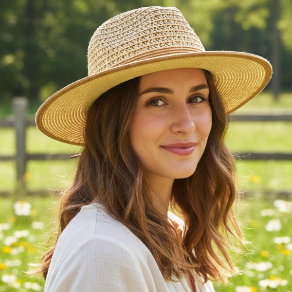 Two Tone Straw Fedora With Woven Crown & Vegan Leather Band 

- One Size 
- 80% Paper / 20% Polyester 