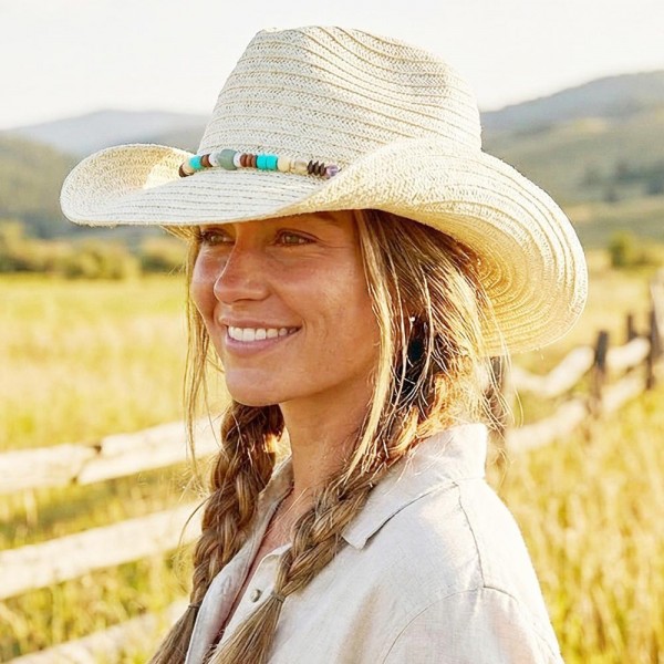 Straw Cowboy Hat With Stone & Wood Beaded Band

- One Size 
- 80% Paper / 20% Polyester 