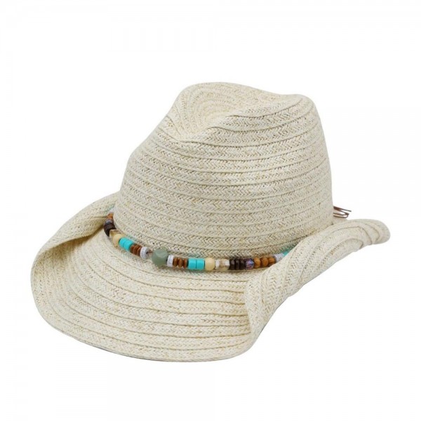 Straw Cowboy Hat With Stone & Wood Beaded Band

- One Size 
- 80% Paper / 20% Polyester 