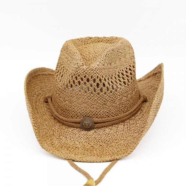 Western Straw Cowboy Hat With Antique Anchor Button & Chin Strap - One Size - 100% Paper view 5