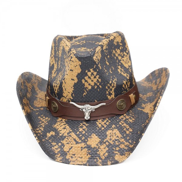 Snake Print Cowboy Hat With Bull Head Accent - One Size - 100% Paper view 5
