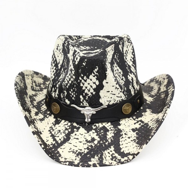 Snake Print Cowboy Hat With Bull Head Accent - One Size - 100% Paper view 5