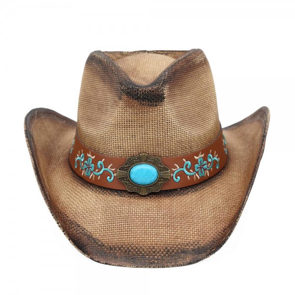 Washed Straw Cowboy Hat With Turquoise Accent & Underside Embroidered Vegan Leather Accent - One Size - 100% Paper view 5