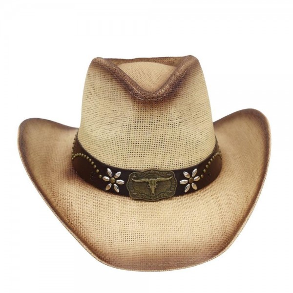 Distressed Straw Cowboy Hat With Metal Bull Buckle & Flower Accents - One Size - 100% Paper view 5