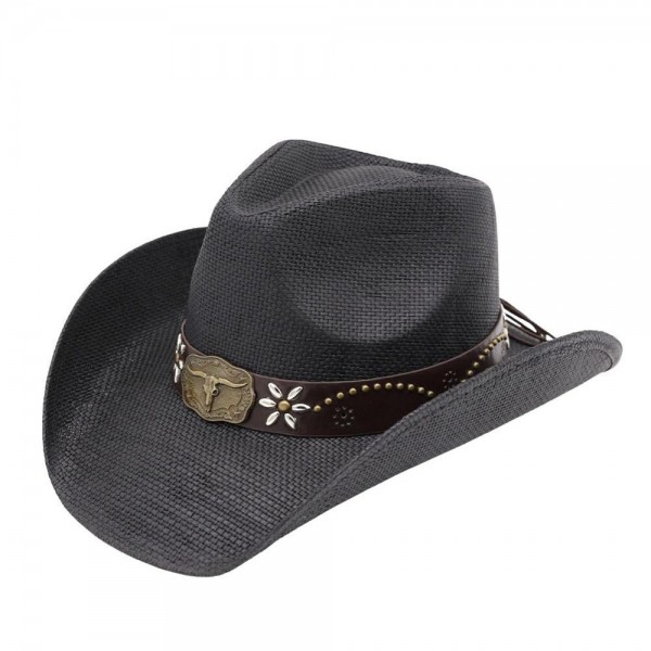 Distressed Straw Cowboy Hat With Metal Bull Buckle & Flower Accents  

- One Size 
- 100% Paper 