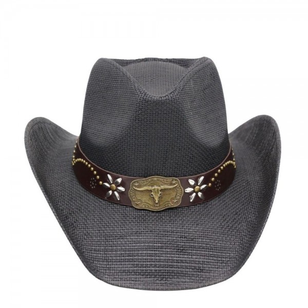 Distressed Straw Cowboy Hat With Metal Bull Buckle & Flower Accents - One Size - 100% Paper view 5