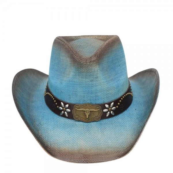 Distressed Straw Cowboy Hat With Metal Bull Buckle & Flower Accents - One Size - 100% Paper view 5