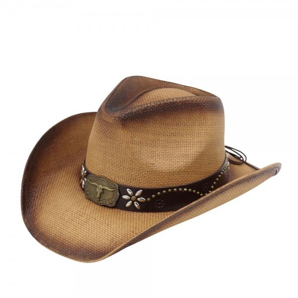Distressed Straw Cowboy Hat With Metal Bull Buckle & Flower Accents  

- One Size 
- 100% Paper 