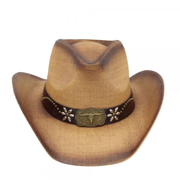 Distressed Straw Cowboy Hat With Metal Bull Buckle & Flower Accents - One Size - 100% Paper view 5