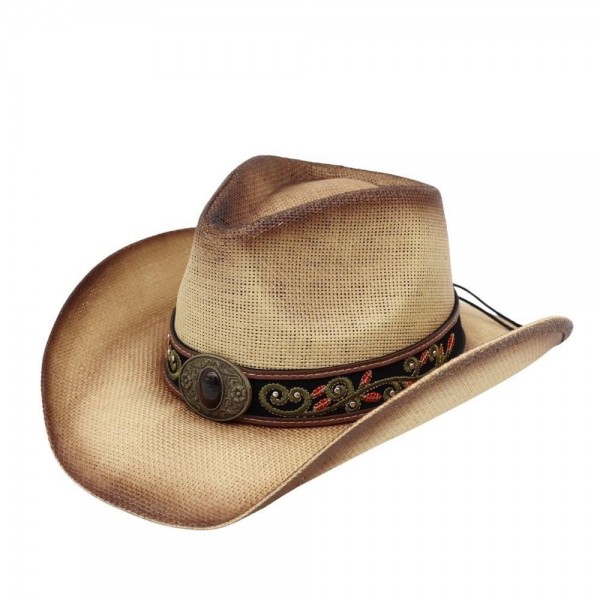 Distressed Straw Cowboy Hat With Orate Vegan Leather Band 

- One Size 
- 100% Paper 