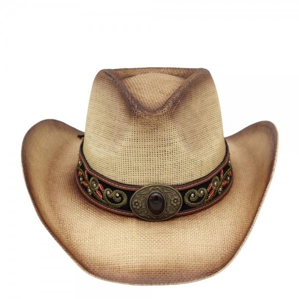 Distressed Straw Cowboy Hat With Orate Vegan Leather Band - One Size - 100% Paper view 5