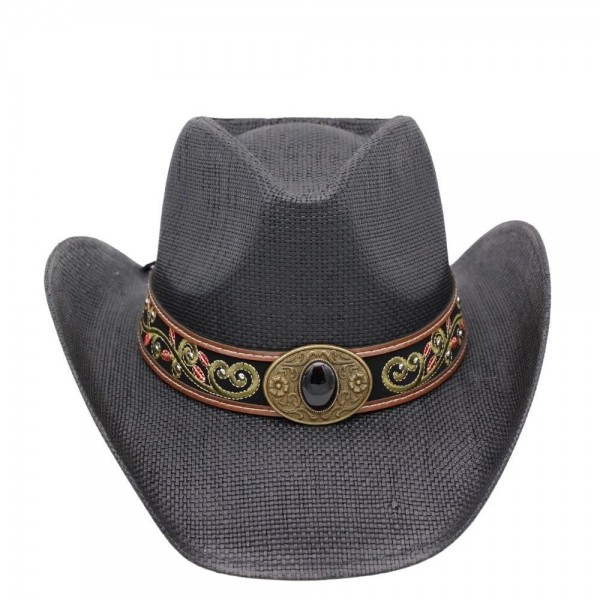 Distressed Straw Cowboy Hat With Orate Vegan Leather Band - One Size - 100% Paper view 5