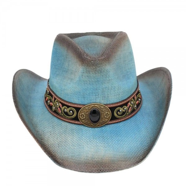 Distressed Straw Cowboy Hat With Orate Vegan Leather Band - One Size - 100% Paper view 5