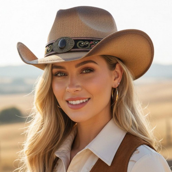 Distressed Straw Cowboy Hat With Orate Vegan Leather Band 

- One Size 
- 100% Paper 