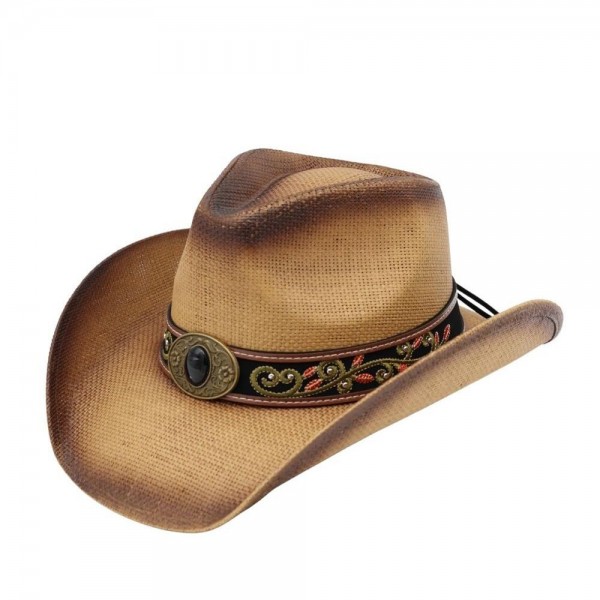 Distressed Straw Cowboy Hat With Orate Vegan Leather Band 

- One Size 
- 100% Paper 