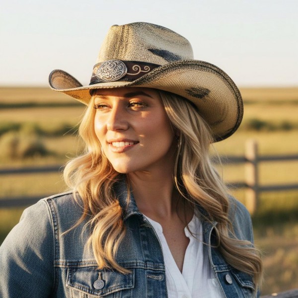 Antique Wash Straw Cowboy Hat With Orate Oval Buckle & Vegan Leather Band 

- One Size 
- 100% Paper 