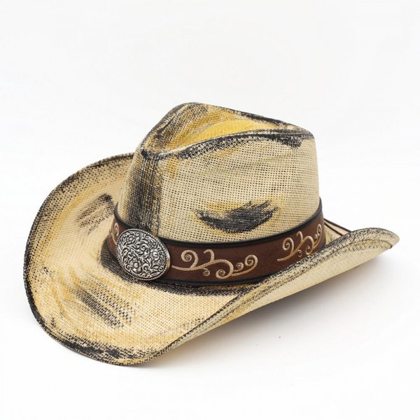 Antique Wash Straw Cowboy Hat With Orate Oval Buckle & Vegan Leather Band - One Size - 100% Paper view 5