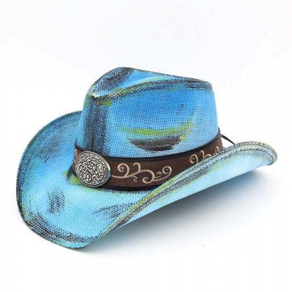 Antique Wash Straw Cowboy Hat With Orate Oval Buckle & Vegan Leather Band 

- One Size 
- 100% Paper 