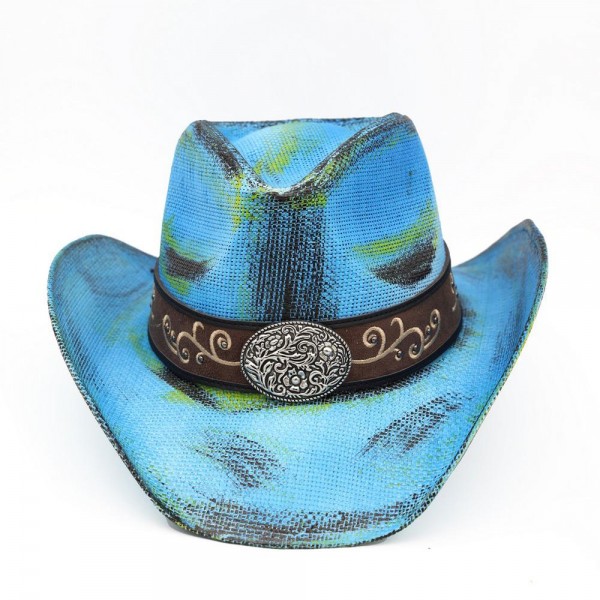 Antique Wash Straw Cowboy Hat With Orate Oval Buckle & Vegan Leather Band - One Size - 100% Paper view 5