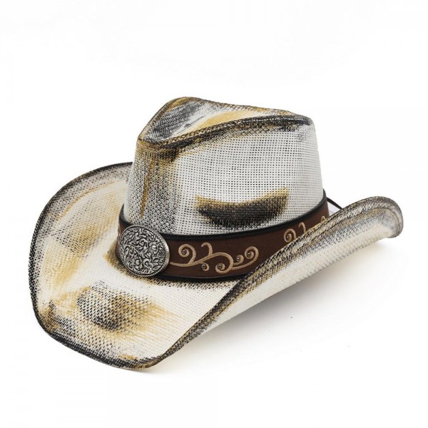 Antique Wash Straw Cowboy Hat With Orate Oval Buckle & Vegan Leather Band - One Size - 100% Paper view 5