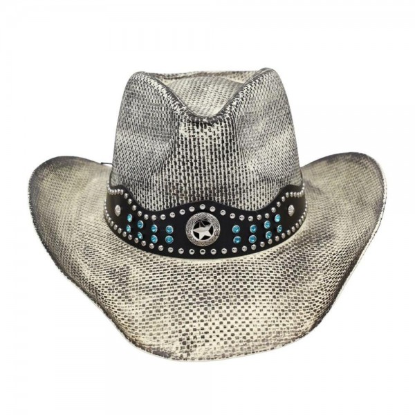 Rustic Straw Cowboy Hat With Silver & Turquoise Studs & Vegan Leather Band - One Size - 100% Paper view 5