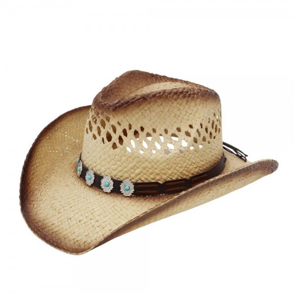 Aged, Two-Tone Cowboy Hat With Turquoise Stone & Faux Leather Band 

- One Size 
- 100% Paper 