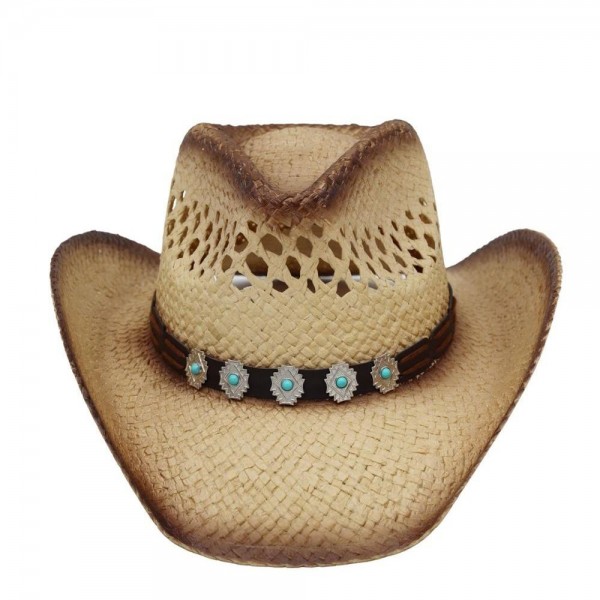 Aged, Two-Tone Cowboy Hat With Turquoise Stone & Faux Leather Band - One Size - 100% Paper view 5