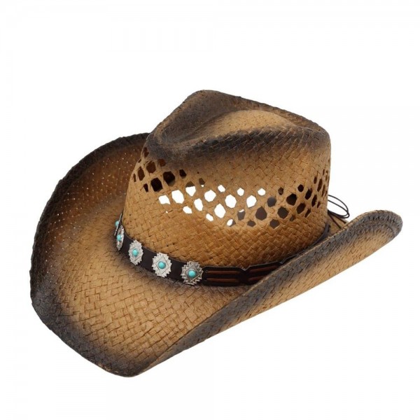 Aged, Two-Tone Cowboy Hat With Turquoise Stone & Faux Leather Band 

- One Size 
- 100% Paper 