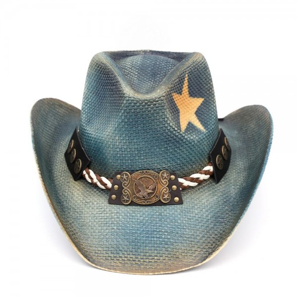 Distressed Cowboy Hat With Brass Tone Eagle Buckle, Braided Rope, & Star Detail - One Size - 100% Paper view 5