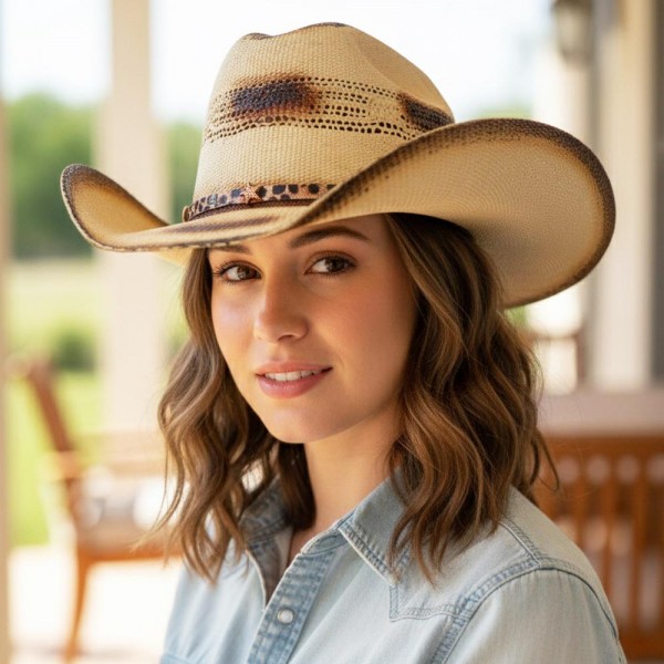 Distressed Two-Tone Cowboy Hat With Leopard Print Band & Stars 

- One Size 
- 100% Paper 