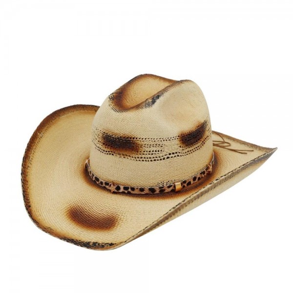 Distressed Two-Tone Cowboy Hat With Leopard Print Band & Stars 

- One Size 
- 100% Paper 