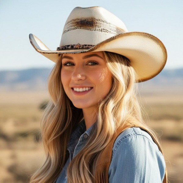 Distressed Two-Tone Cowboy Hat With Leopard Print Band & Stars 

- One Size 
- 100% Paper 