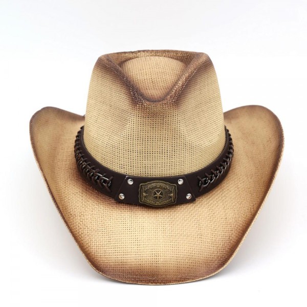 Rustic Cowboy Hat With Chain & Concho Detail & Vegan Leather Band - One Size - 100% Paper view 5