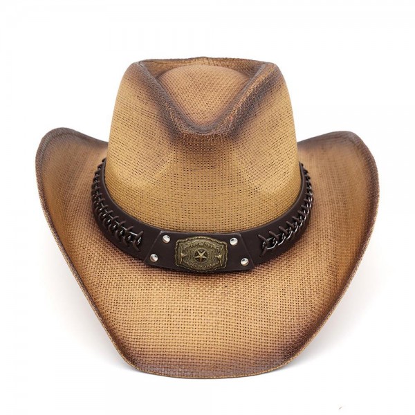 Rustic Cowboy Hat With Chain & Concho Detail & Vegan Leather Band - One Size - 100% Paper view 5