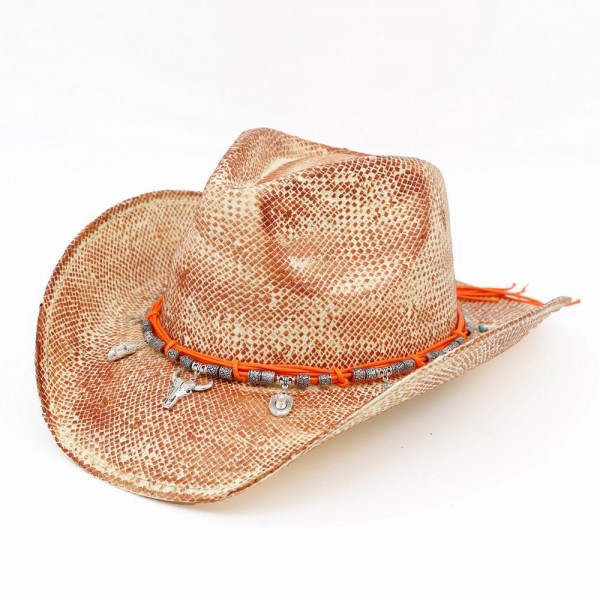 Painted Cowboy Hat With Western Bull Head, Hat, Boot, & Cactus Charms 

- One Size 
- 100% Paper 