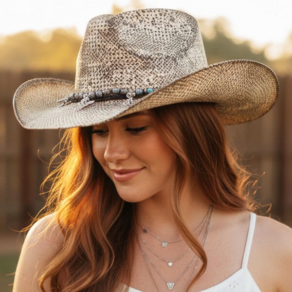 Painted Cowboy Hat With Western Bull Head, Hat, Boot, & Cactus Charms 

- One Size 
- 100% Paper 