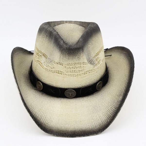Aged, Straw Cowboy Hat With Suede Stitched Details & Steer Head Concho - One Size - 100% Paper view 5