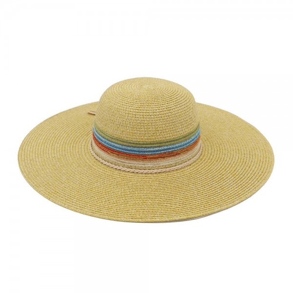 Wide Brim Sun Hat With Striped Multi Color Band

- One Sie 
- 100% Paper