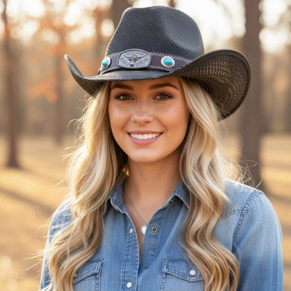 Western Straw Cowboy Hat With Turquoise Stone Concho & Bull Emblem Buckle Band 

- One Size 
- 100% Paper 