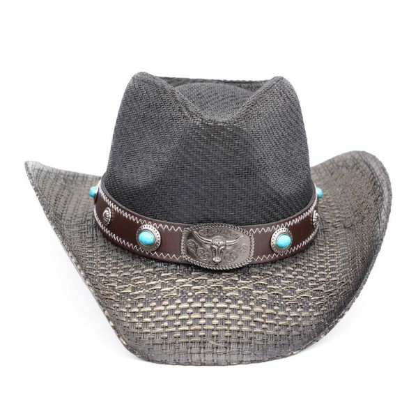 Western Straw Cowboy Hat With Turquoise Stone Concho & Bull Emblem Buckle Band - One Size - 100% Paper view 5