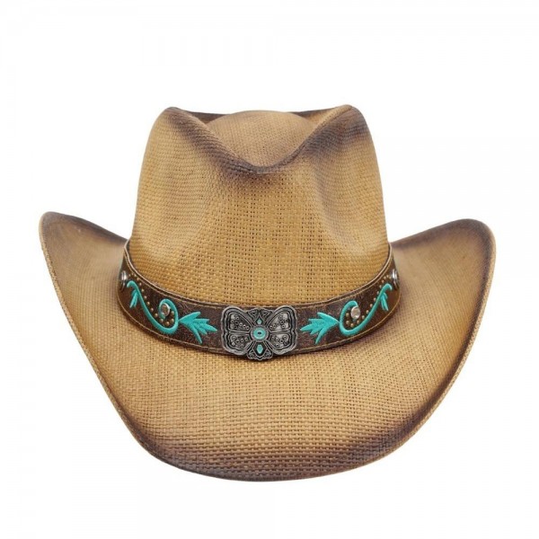 Western Straw Cowboy Hat With Turquoise Stone Concho & Bull Emblem Buckle Band - One Size - 100% Paper view 5