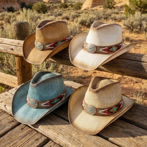 Straw Cowboy Hat With Beaded Band & Turquoise Concho - One Size Fits Most - 100% Paper view 5