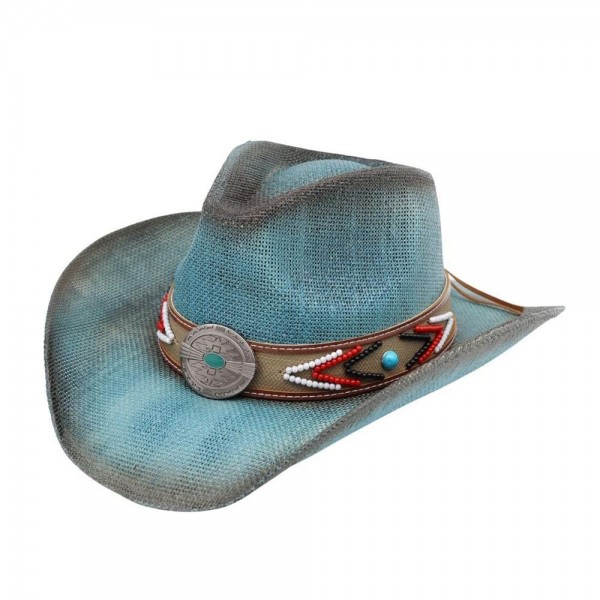 Straw Cowboy Hat With Beaded Band & Turquoise Concho

- One Size Fits Most 
- 100% Paper  