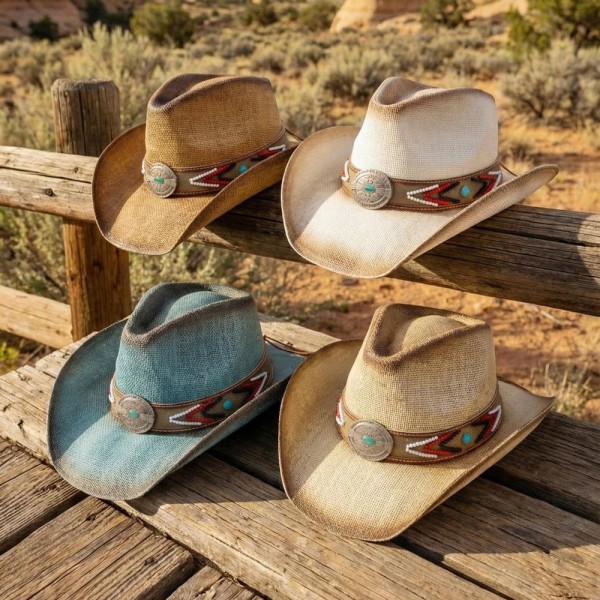 Straw Cowboy Hat With Beaded Band & Turquoise Concho - One Size Fits Most - 100% Paper view 5