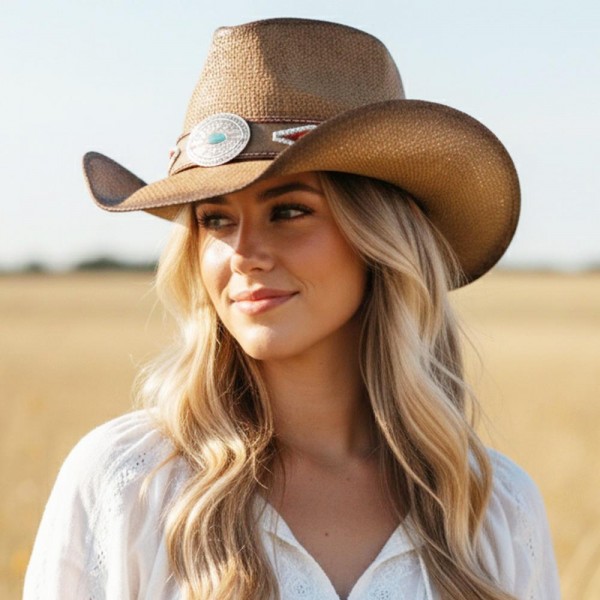 Straw Cowboy Hat With Beaded Band & Turquoise Concho

- One Size Fits Most 
- 100% Paper  